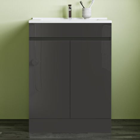 800600mm Bathroom Anthracite Vanity Unit With Storage Space Soft Close DoorsWhite Thin Ceramic Basin