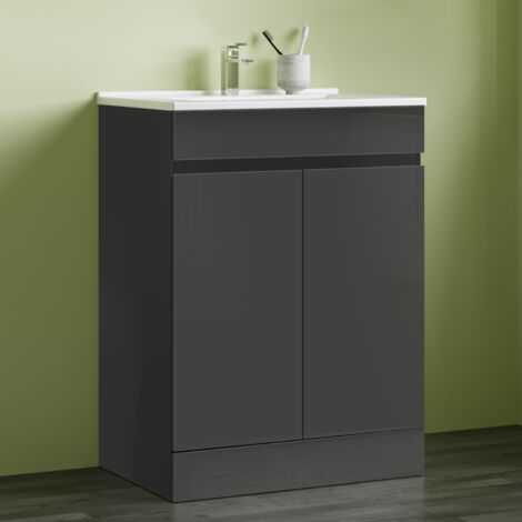 800600mm Bathroom Anthracite Vanity Unit With Storage Space Soft Close DoorsWhite Thin Ceramic Basin
