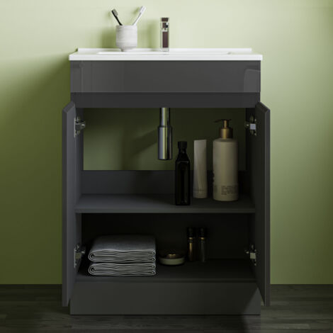 800600mm Bathroom Anthracite Vanity Unit With Storage Space Soft Close DoorsWhite Thin Ceramic Basin