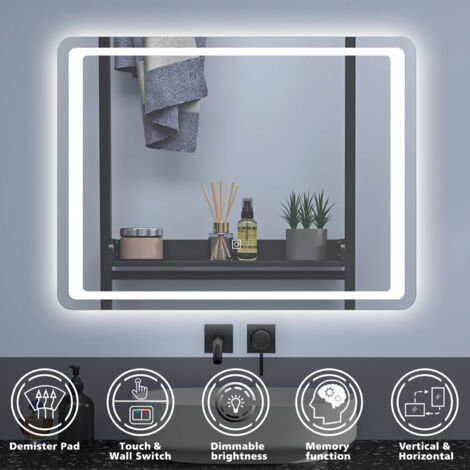 80x60cm LED Bathroom Mirror with Lights Demister Anti-fog Touch Switch ...