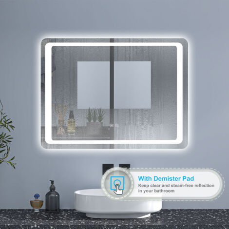 80x60cm LED Bathroom Mirror with Lights and Demister Touch Switch Wall ...