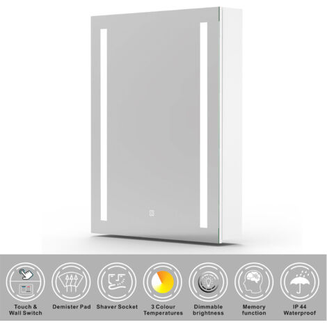 SKY Bathroom Bathroom Mirror Cabinet LED Illuminated 45x60cm with Demister Pad, Touch Sensor, Shaver Socket, 3 Colours Lighting Modes