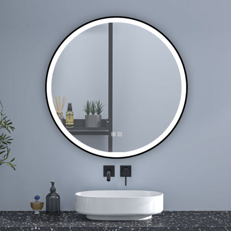 SKY Bathroom 60cm Round Bathroom Mirror with Optional 3 Colour Light Black Matel Frame Anti-fog，Touch Switch