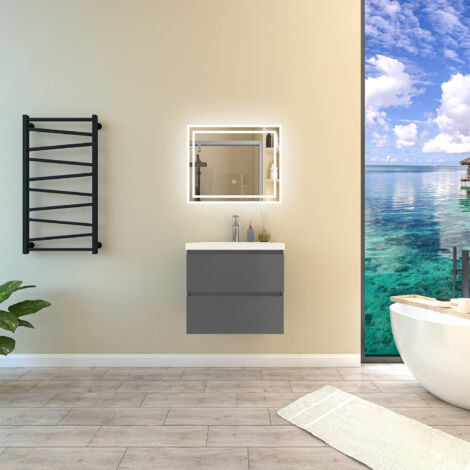 SKY 60cm Anthracite bathroom furniture set With 2 Soft-Close Drawers,Artificial Stone basin+LED bathroom anti-fog mirror with 3 Lighting Modes (1/5)