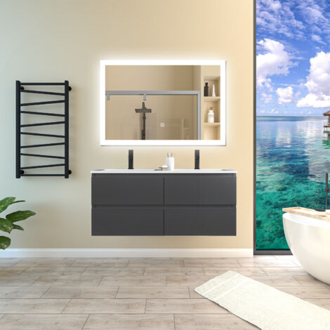SKY 120cm Anthracite bathroom furniture set With 4 Soft-Close Drawers,ceramic basin+LED bathroom anti-fog mirror with 3 Lighting Modes (1/5)