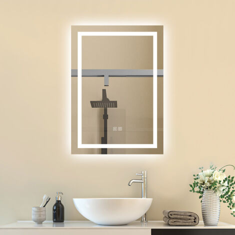 SKY 70x50cm Bluetooth Rectangle LED Bathroom Mirror,Illuminated Bathroom LED Mirror with Speaker,Anti-fog,Wall Mounted,3 Lighting Modes,Dimmable,Backlit,IP44