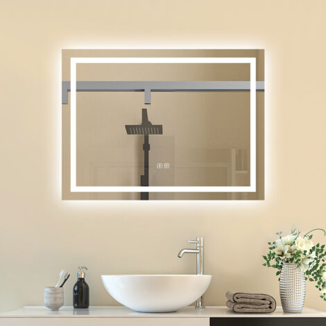 SKY 80x60cm Bluetooth Rectangle LED Bathroom Mirror,Illuminated Bathroom LED Mirror with Speaker,Anti-fog,Wall Mounted,3 Lighting Modes,Dimmable,Backlit,IP44