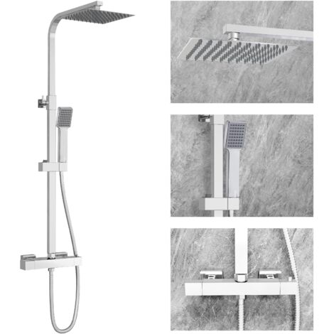 SKY Bathroom Thermostatic Exposed Shower Mixer Set Square Chrome Twin Head (1/5)
