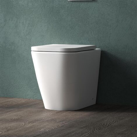 Bathroom Rimless Back to Wall Toilet Modern UF Slim Soft Close Seat Ceramic Square Pan White WC