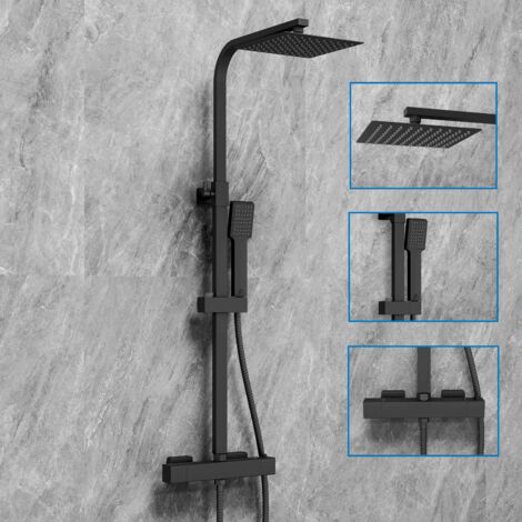 SKY Bathroom 20cm Matt Black Thermostatic Shower Mixer Slim Twin Head Square