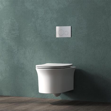 Bathroom Rimless Wall Hung Toilet UF Slim Soft Close Seat Round Pan Ceramic White WC