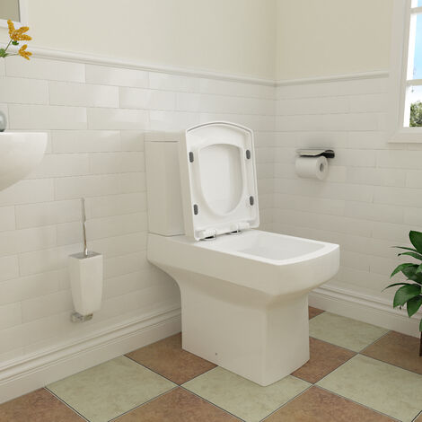 White Ceramic Square Modern Toilet Close Coupled Bathroom Pan Soft Close Seat WC