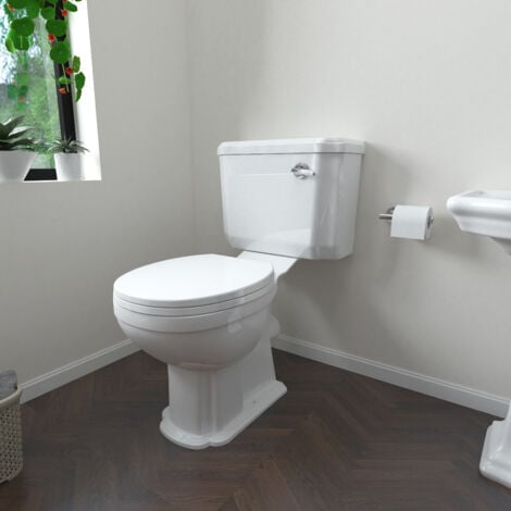 Traditional Ceramic Close Coupled Toilet White Soft Close Seat Oval Bathroom