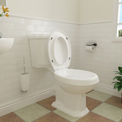 Traditional Ceramic Close Coupled Toilet White Soft Close Seat Oval Bathroom