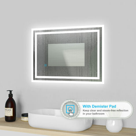 Bathroom Mirror with LED Lights and Demister Touch Sensor Wall Mounted ...