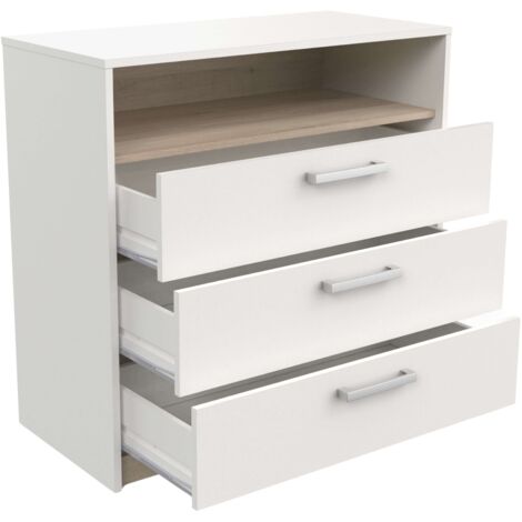Commode Watson 3 tiroirs et 1 étagère en mélaminé blanc et chêne Kronberg 81 cm - Mobilier fonctionnel (1/5)