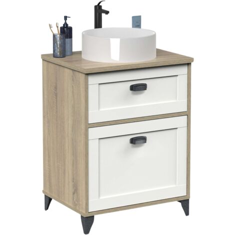 Meuble de salle de bain Toscana 61 cm avec 2 tiroirs, style nordique, blanc et chêne cambrien (sans lavabo)