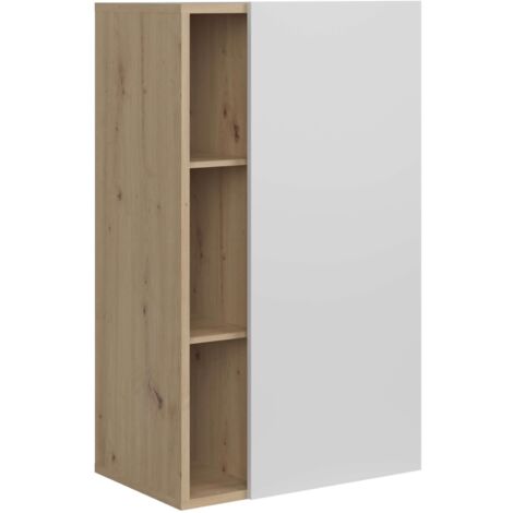 Miroytengo – Buffet 1 porte 4 étagères en mélamine blanc mat et chêne – Style nordique – Largeur 80 cm – Hauteur 99 cm – Profondeur 30 cm (1/5)