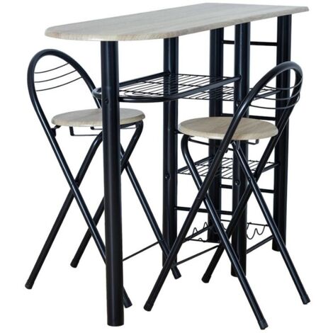 Miroytengo – Ensemble table haute et 2 tabourets pliants – Bois noir et clair – Dimensions 40x88x120 cm – Style industriel moderne