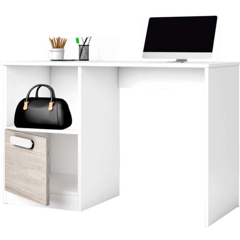 Bureau Estelle de style nordique pour chambre d'adolescent en blanc mat et chêne Sahara avec 1 porte et 1 espace de rangement 100 cm (1/5)