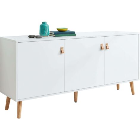 Miroytengo – Buffet de salon Anzio 3 portes – Finition blanc mat – Pieds en pin – Dimensions 140 x 68 x 35 cm – Rangement moderne et esthétique (1/5)