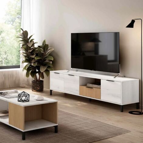 MEUBLE TV TOKIO 137X47 CM COULEUR BLANC NORDIQUE/HÊTRE 2 PORTES 1 TIROIR (1/5)
