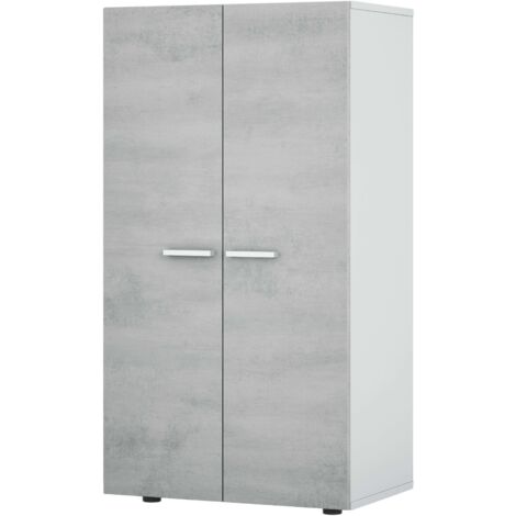Meuble à chaussures ciment et blanc – Style industriel – 55x36x103 cm – 6 étagères amovibles – Poignées ABS blanches – Habitdesign