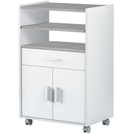 Idroweb – Meuble de cuisine sur roulettes blanc et ciment – 1 tiroir et 2 portes – Dimensions 92x59x40 cm – Rangement micro-ondes efficace (1/10)
