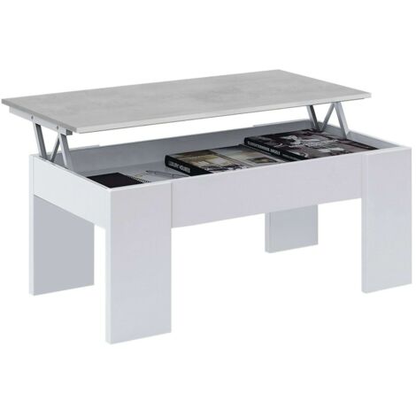 Mobimarket – Table basse relevable en ciment et mélamine – Dimensions 100x50x45 cm – Design moderne et industriel – Espace de rangement intégré