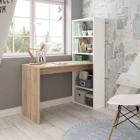 Bureau pour jeunes Duplo avec étagère blanche et chêne meubles de table style moderne 144x120x53cm
