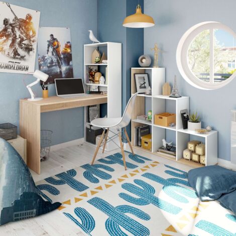 Bureau pour jeunes Duplo avec étagère blanche et chêne meubles de table style moderne 144x120x53cm