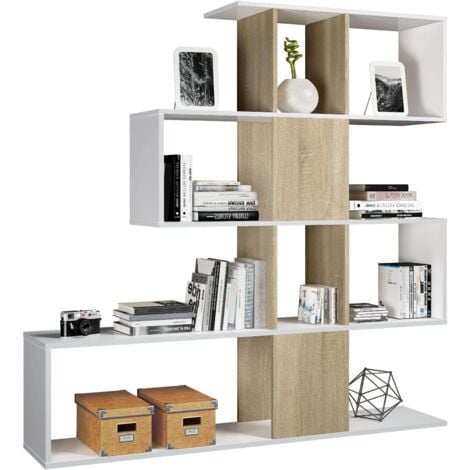 Bibliothèque moderne ou bibliothèque en forme de zigzag en chêne canadien et blanc 145x145x30 cm.