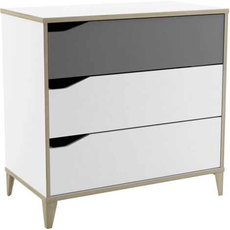 Commode 3 tiroirs Genius blanche et grise pour chambre d'enfant, meuble pour jeune, 76x78x43 cm (1/7)