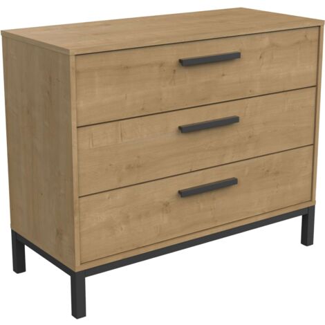 Miroytengo – Commode 3 tiroirs 90 cm chêne Hamilton et noir – Hauteur 74,6 cm – Largeur 90,7 cm – Profondeur 39,6 cm – Montage facile (1/6)