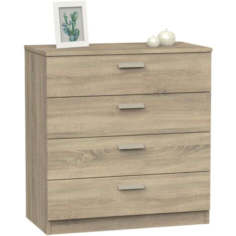 Commode 4 tiroirs en mélaminé blanc mat ou chêne cambrien – Dimensions 74x78 cm – Guide métallique pour tiroirs – Rangement moderne – Muebles Pitarch