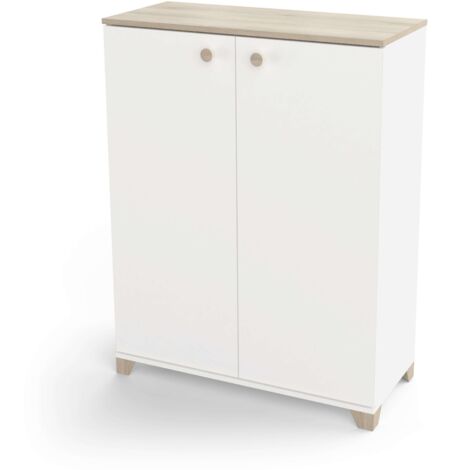 Calicosy – Buffet 2 portes chêne kronberg et blanc – Longueur 79,7 cm – Largeur 35,1 cm – Hauteur 104,2 cm – Panneaux de particules 15/18 mm