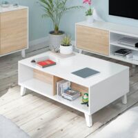 Mobimarket – Table basse relevable blanche en mélamine et chêne canadien – Dimensions 100 x 68 x 38-50 cm – Plateau relevable pour rangement