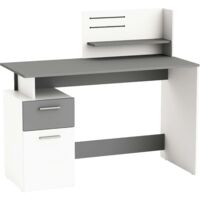 M&S – Bureau droit multimédia compact 122 cm – Couleur blanc et gris foncé – Avec tiroir et rangement intégré – Design épuré pour espace de travail