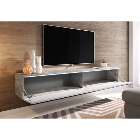 Meuble TV Blanc Brillant Suspendu avec Éclairage LED - 180*40cm - Design  Moderne