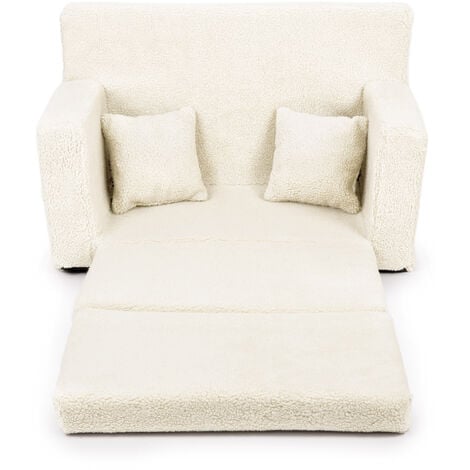 Flumi Canapé Enfant Convertible 3in1 Lit d Appoint Enfant - Mini Canapé avec nom de l'enfant - Mousse Chauffeuse Enfant avec Fonction Lit matière agneau beige clair