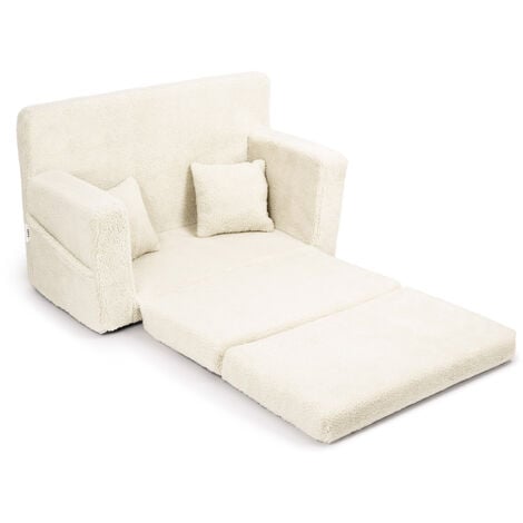 Flumi Canapé Enfant Convertible 3in1 Lit d Appoint Enfant - Mini Canapé avec nom de l'enfant - Mousse Chauffeuse Enfant avec Fonction Lit matière agneau beige clair