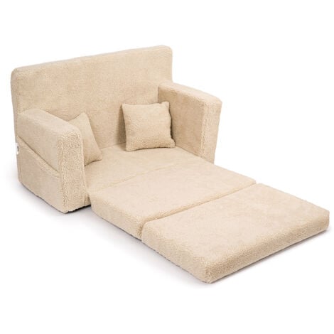 Flumi Canapé Enfant Convertible 3in1 Lit d Appoint Enfant - Mini Canapé avec nom de l'enfant - Mousse Chauffeuse Enfant avec Fonction Lit matière agneau beige foncé
