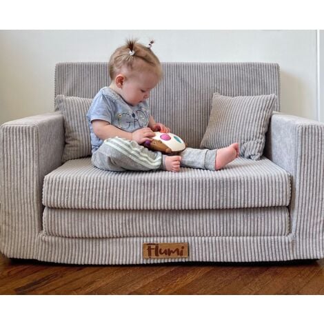Flumi Canapé Enfant Convertible 3in1 Lit d Appoint Enfant - Mini Canapé avec nom de l'enfant - Mousse Chauffeuse Enfant avec Fonction Lit gris