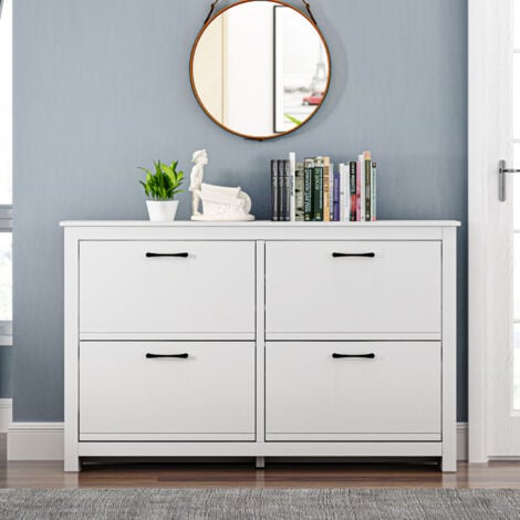 GALANO Limestone 4 Door Shoe Cabinet, Wooden Shoe Cabinet, Stylish Modern Shoe Cabinet, for hallway, entryway and living room, 144.5cm W X 22.3cm D X 90cm H - White Colour