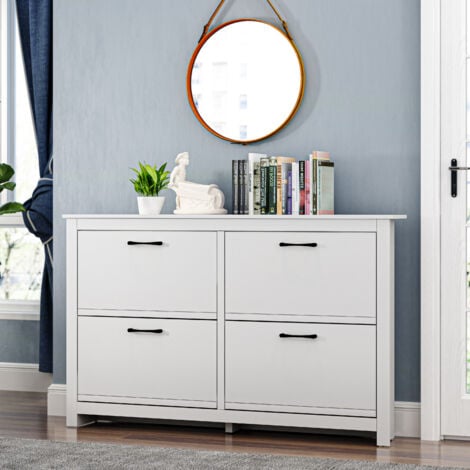 GALANO Limestone 4 Door Shoe Cabinet, Wooden Shoe Cabinet, Stylish Modern Shoe Cabinet, for hallway, entryway and living room, 144.5cm W X 22.3cm D X 90cm H - White Colour