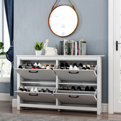 GALANO Limestone 4 Door Shoe Cabinet, Wooden Shoe Cabinet, Stylish Modern Shoe Cabinet, for hallway, entryway and living room, 144.5cm W X 22.3cm D X 90cm H - White Colour