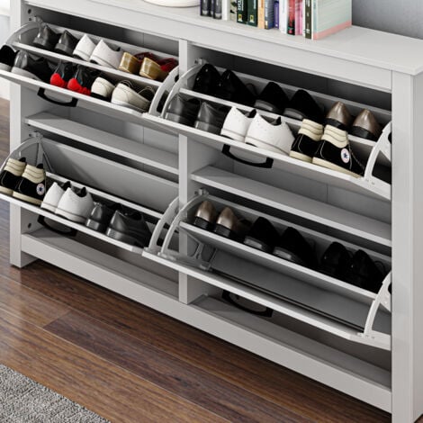 GALANO Limestone 4 Door Shoe Cabinet, Wooden Shoe Cabinet, Stylish Modern Shoe Cabinet, for hallway, entryway and living room, 144.5cm W X 22.3cm D X 90cm H - White Colour