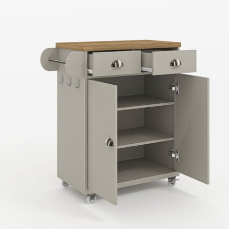 GALANO Perth Kitchen Cart - wide kitchen storage with 2 drawers, countertop for culinary essentials, movable kitchen cart - Beaufork Oak + Light Grey