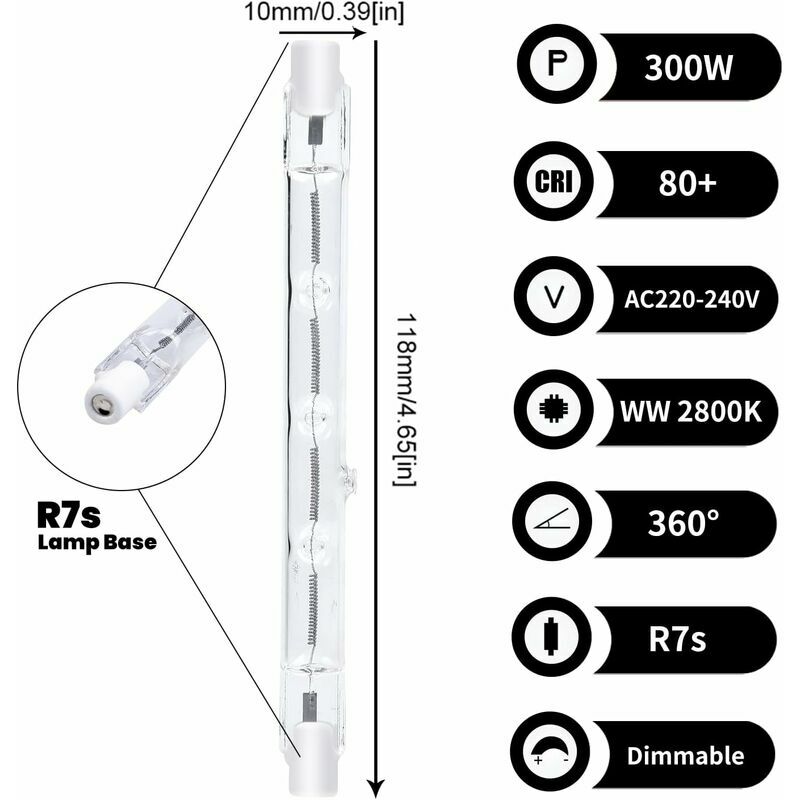 118mm R7s Dimmable ampoule halogène crayon 300W Blanc Chaud 2800K