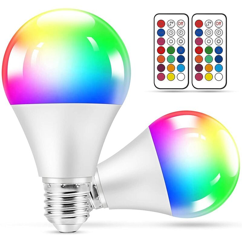 Juego de 2 bombillas LED RGBW 10W E27 con memoria de control remoto y función de temporizador, 12 colores y 7 niveles de brillo